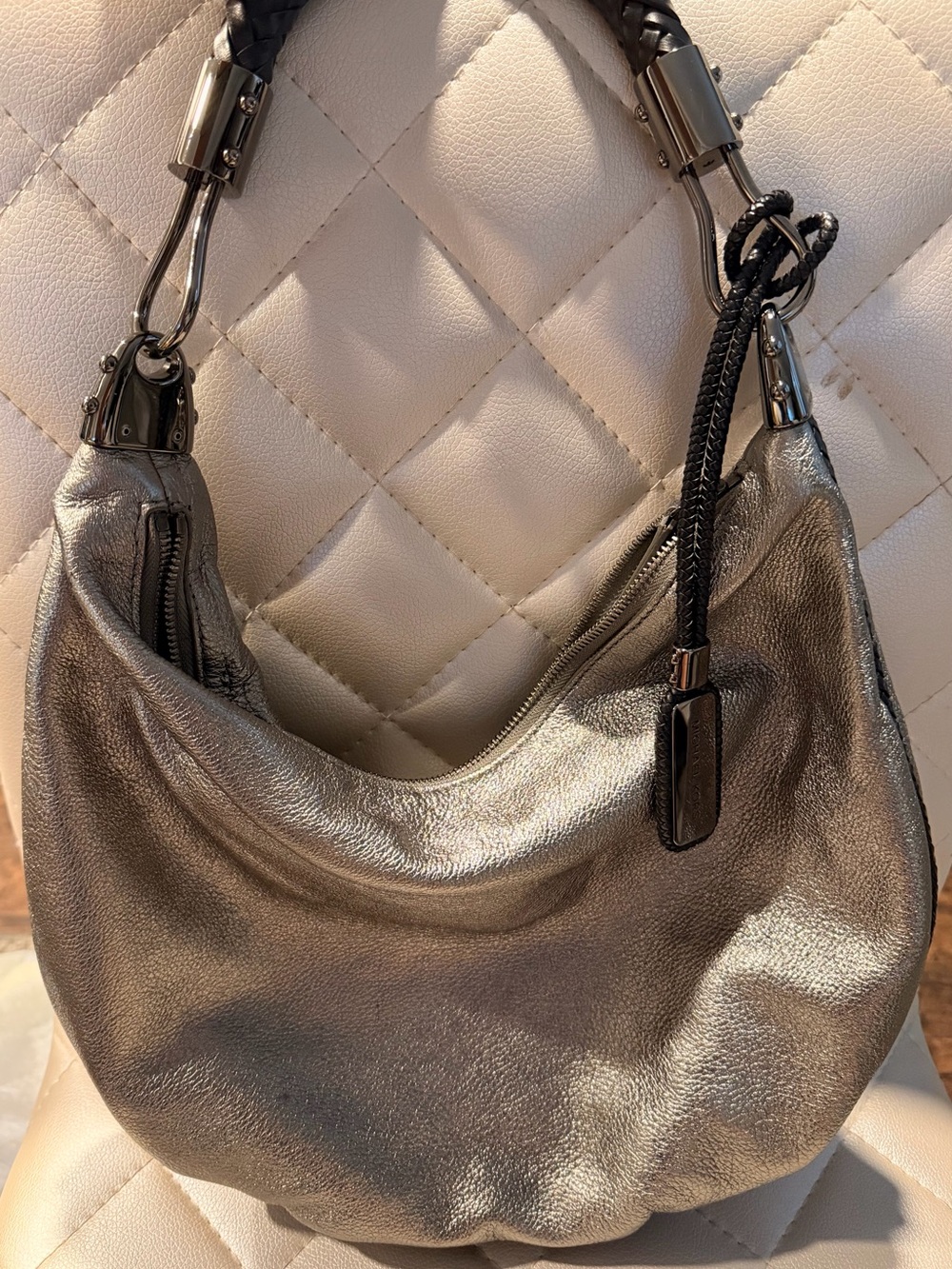 Michael Kors Metallic Gunmetal Braided-Handle Hobo Bag